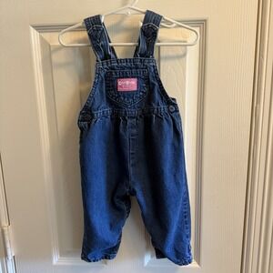 Vintage Denim OshKosh Bow‎ Back Overalls Girl Size 12 Mo Dark Wash Made In USA